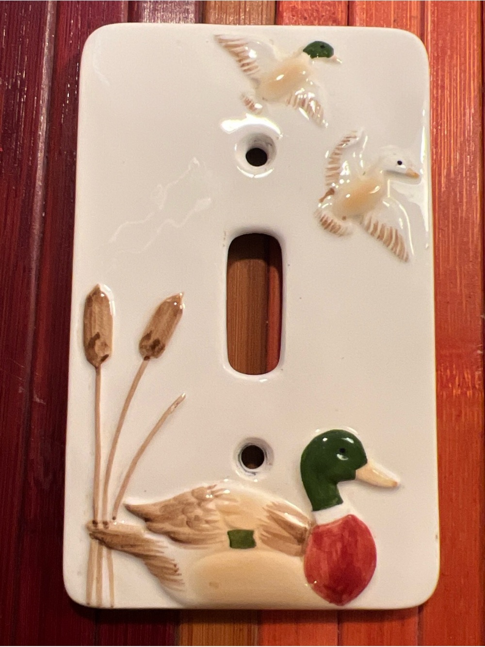 Vintage Porcelain Light Switch Cover Plate Mallard Ducks & Cattails